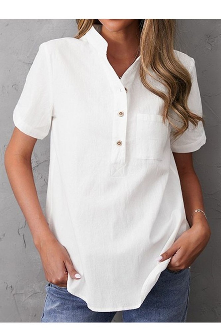 Clothing Azzlee Blouse & Shirts | Women'S Cotton Solid Color Buttons Casual Stand Collar Short Sleeve Blouse White