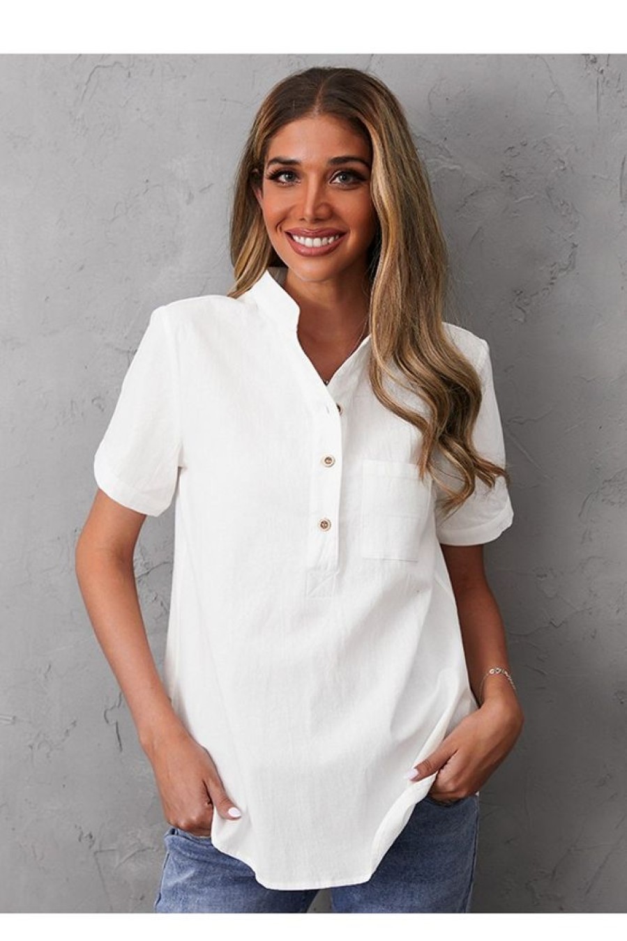 Clothing Azzlee Blouse & Shirts | Women'S Cotton Solid Color Buttons Casual Stand Collar Short Sleeve Blouse White