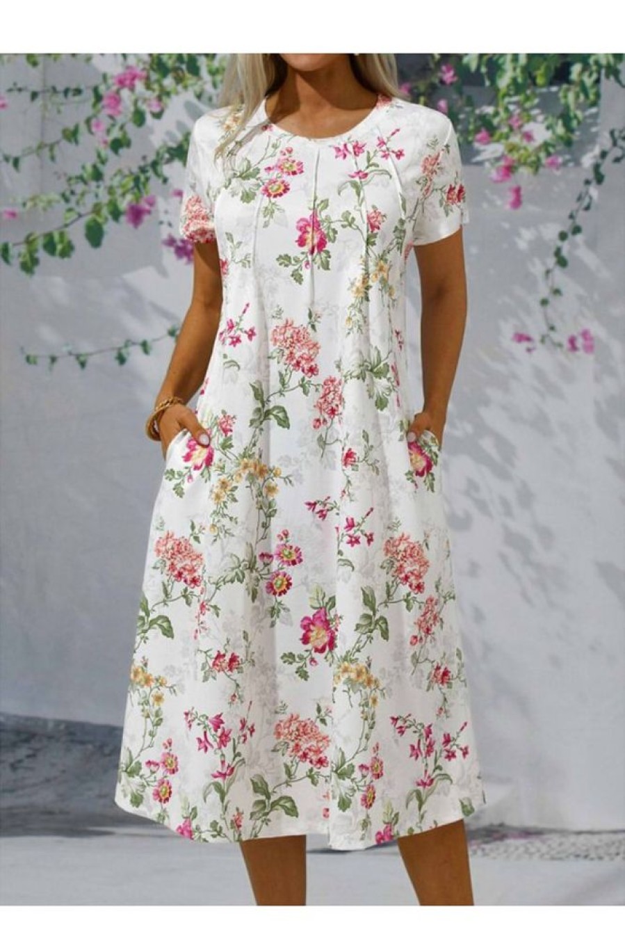 Clothing Azzlee Midi Dresses | Casual Round Neck Short Sleeve Floral Midi Dress White