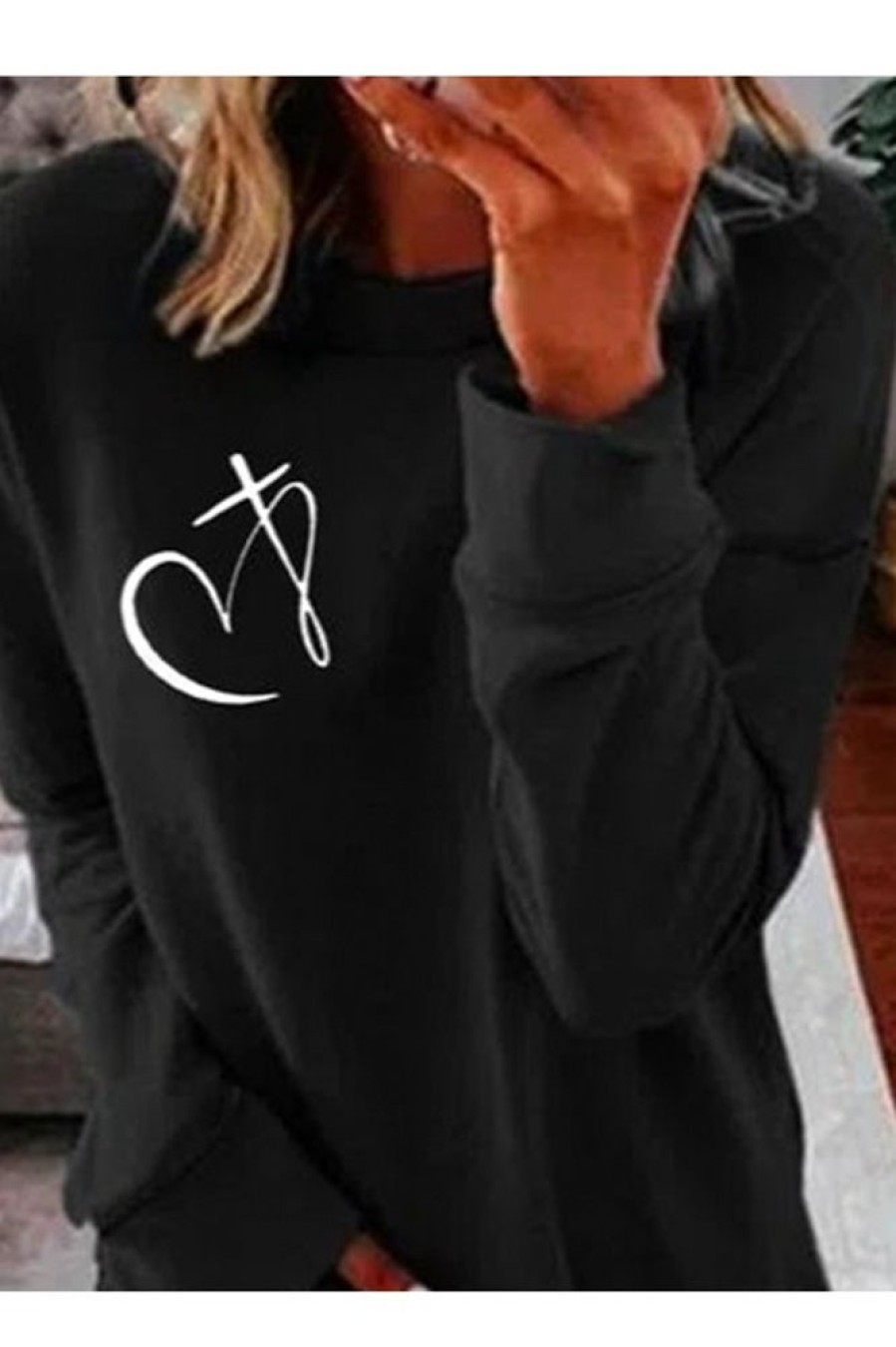 Clothing Azzlee Sweatshirt & Hoodies | Casual Graphic Tops Round Neck Long Sleeve Heart Printed Sweatshirts Black