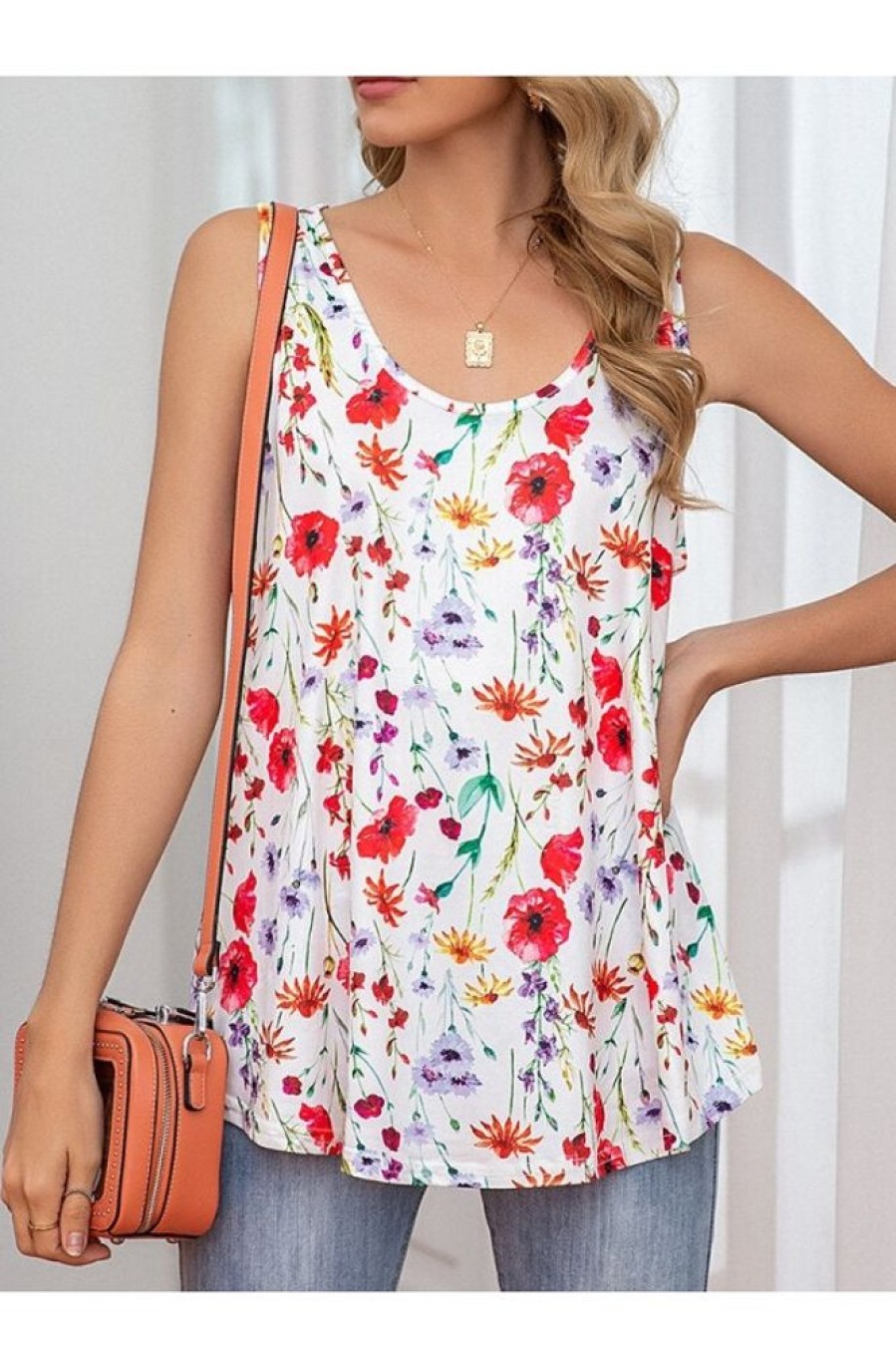 Clothing Azzlee Tanks | Floral Printed Sleeveless Round Neck Loose Tank Top White