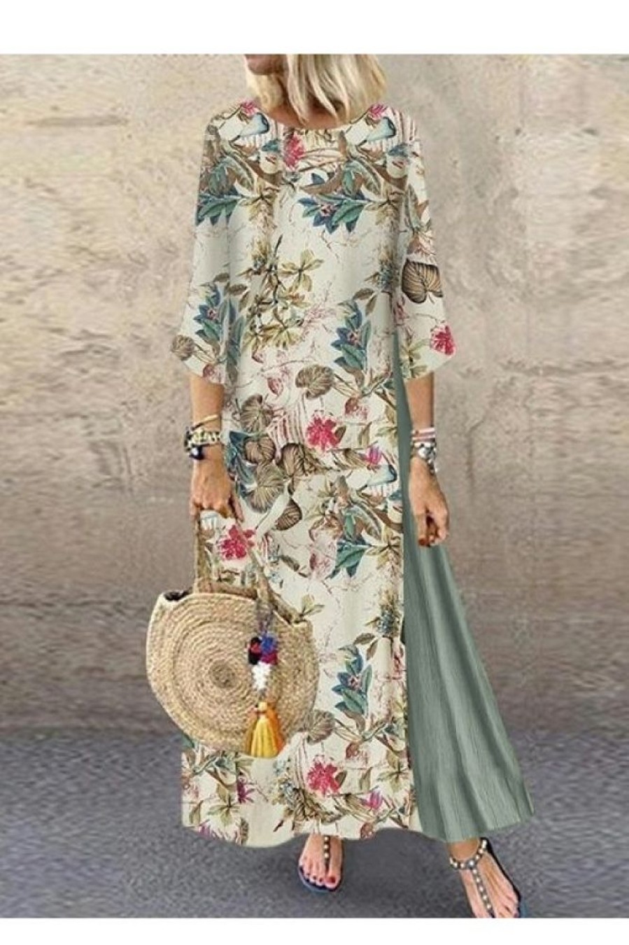 Clothing Azzlee Maxi Dresses | Vintage Half Sleeve Round Neck Floral Printed Casual Maxi Dress