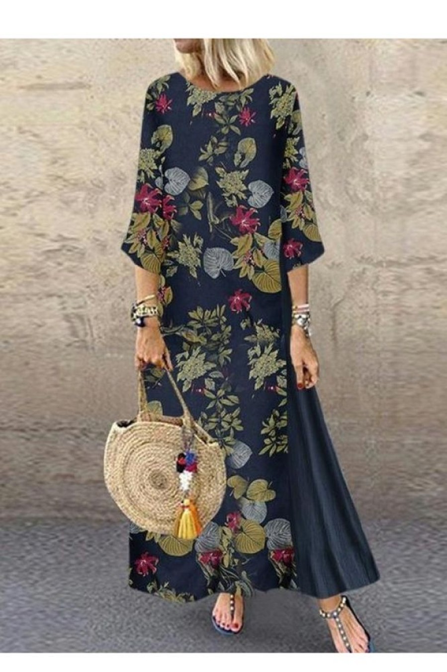 Clothing Azzlee Maxi Dresses | Vintage Half Sleeve Round Neck Floral Printed Casual Maxi Dress