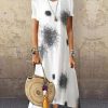 Clothing Azzlee Midi Dresses | Round Neck Abstract Print Casual Holiday Short Sleeve Midi Dress White