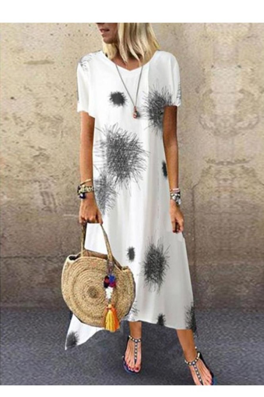 Clothing Azzlee Midi Dresses | Round Neck Abstract Print Casual Holiday Short Sleeve Midi Dress White