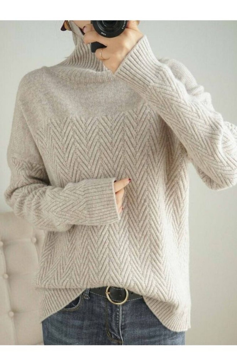 Clothing Azzlee Sweater & Cardigans | Chevron High Neck Long Sleeve Sweater Apricot