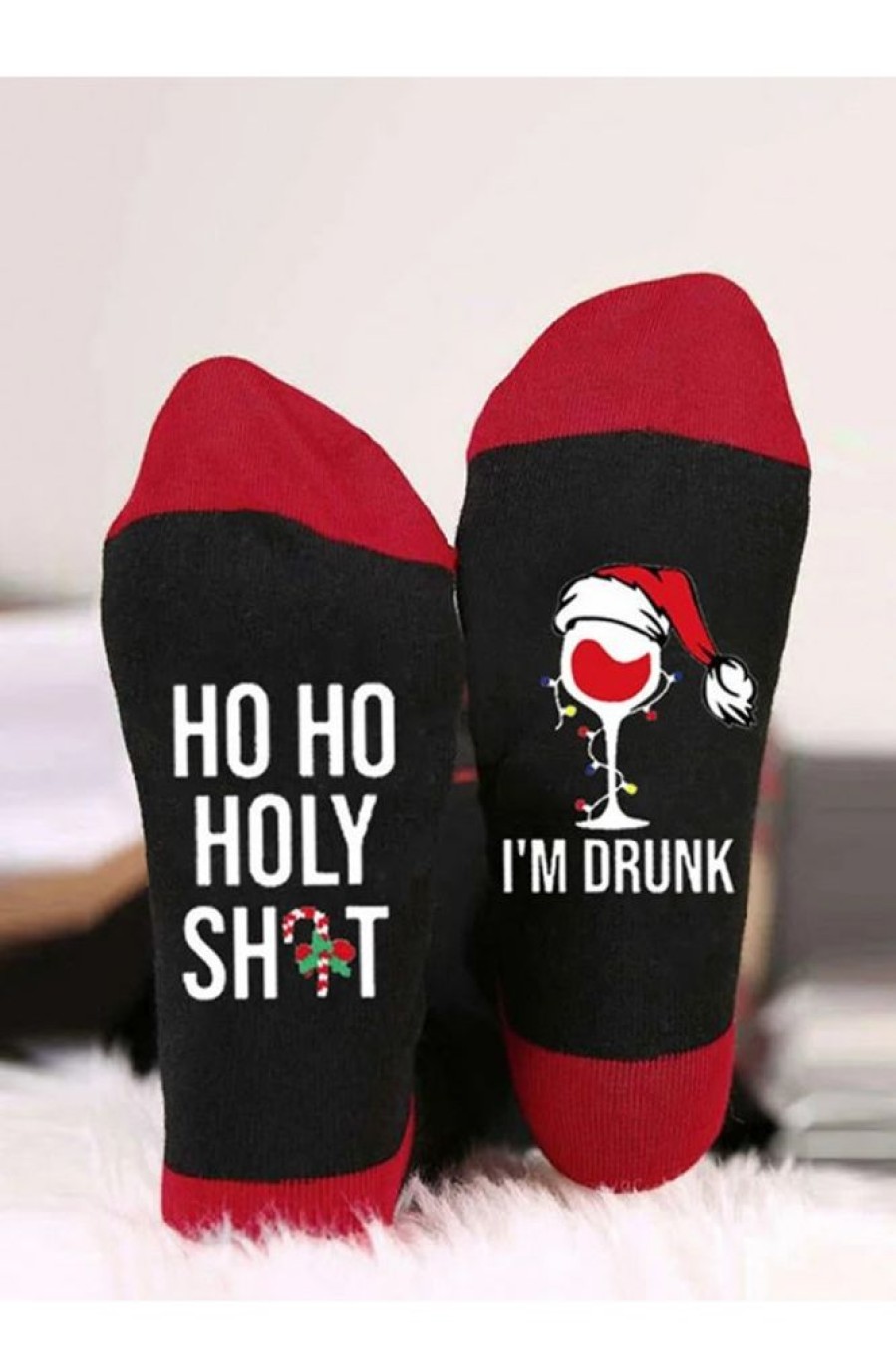 Clothing Azzlee | Christmas Letters Goblet Unisex Color Block Mid-Calf Socks Black-Red