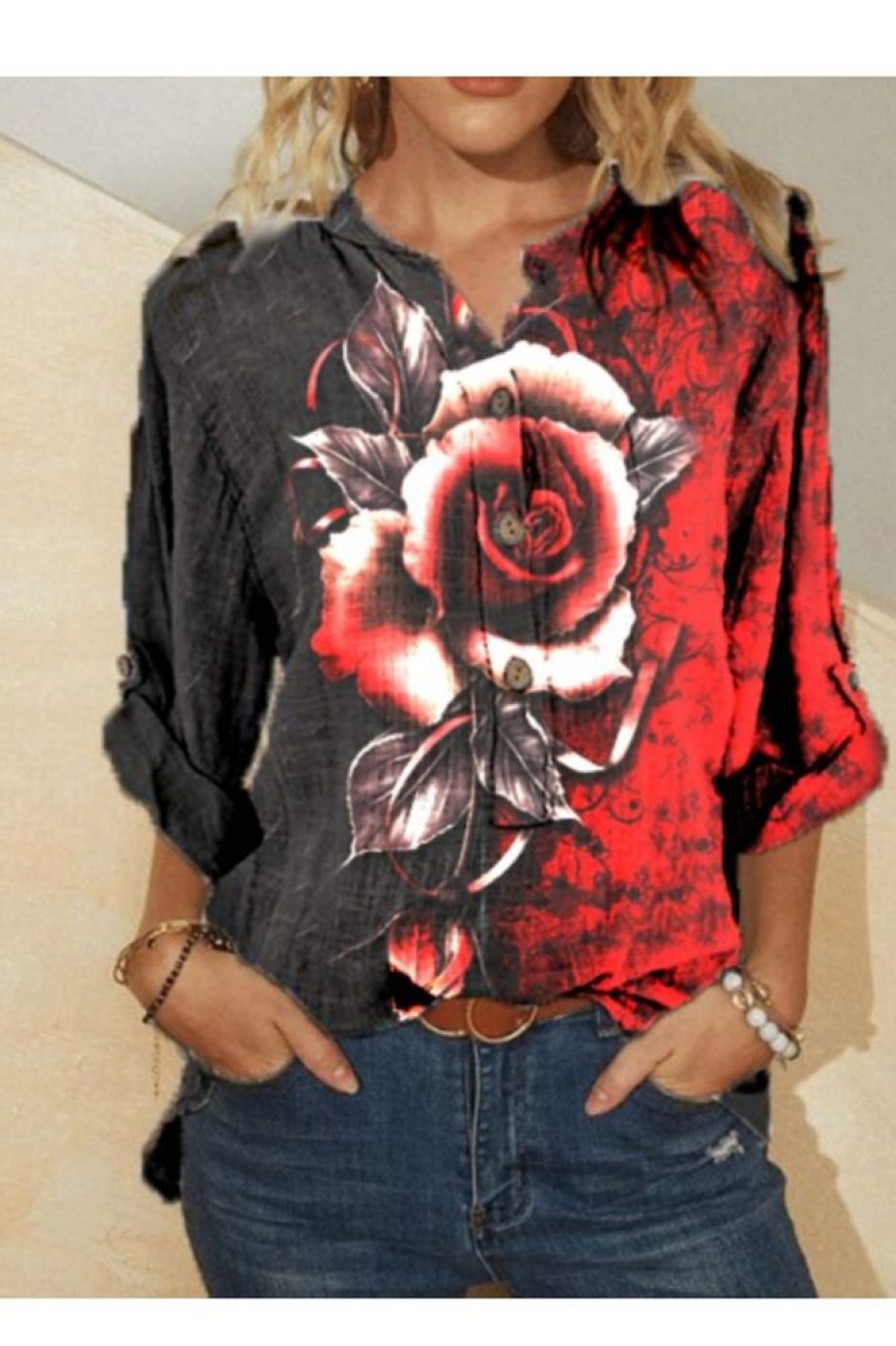 Clothing Azzlee Sweatshirt & Hoodies | Casual V Neck Floral Printed Long Sleeve Blouse Colorful