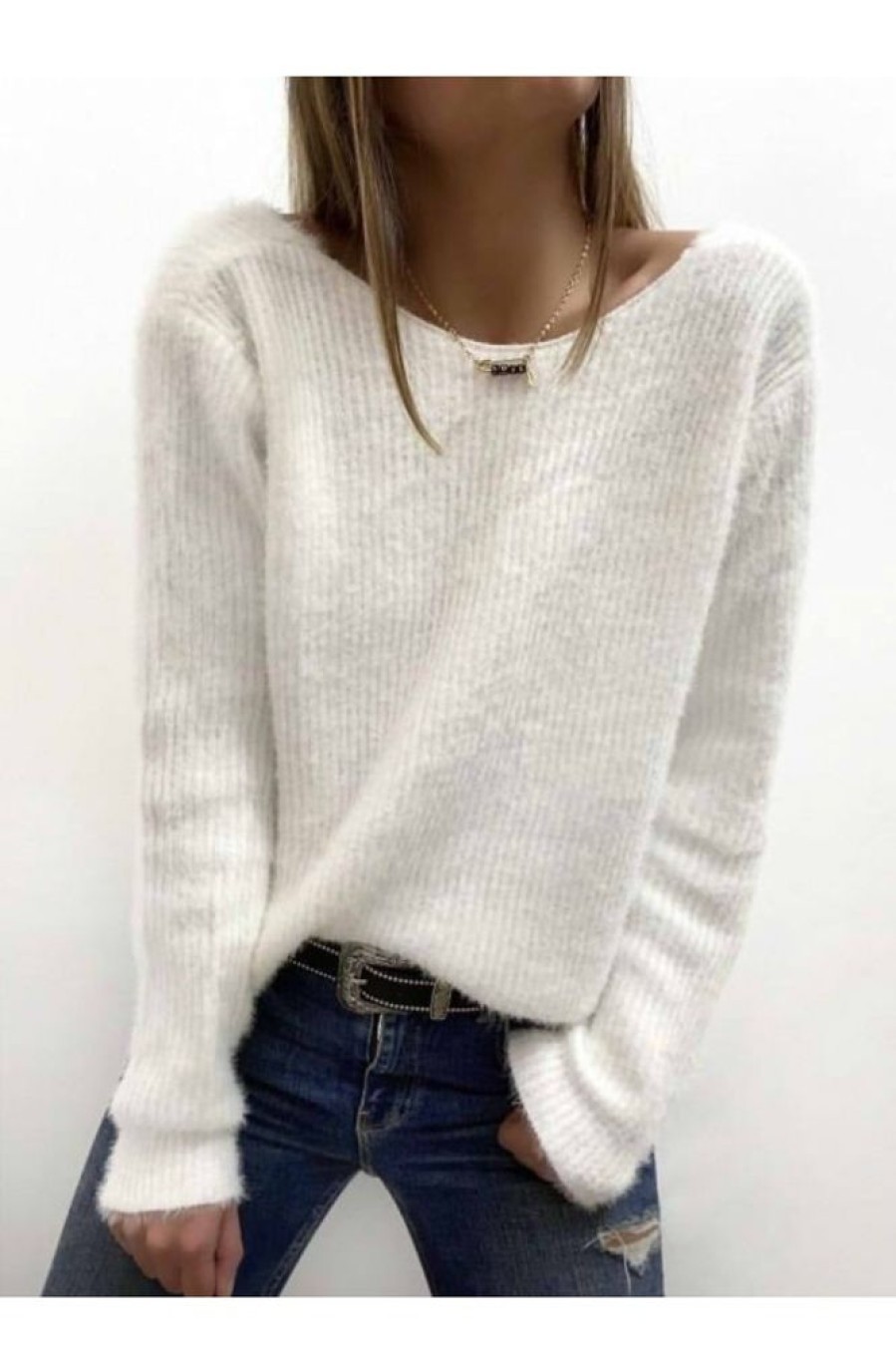 Clothing Azzlee Sweater & Cardigans | Plain Round Neck Long Sleeve Sweater White