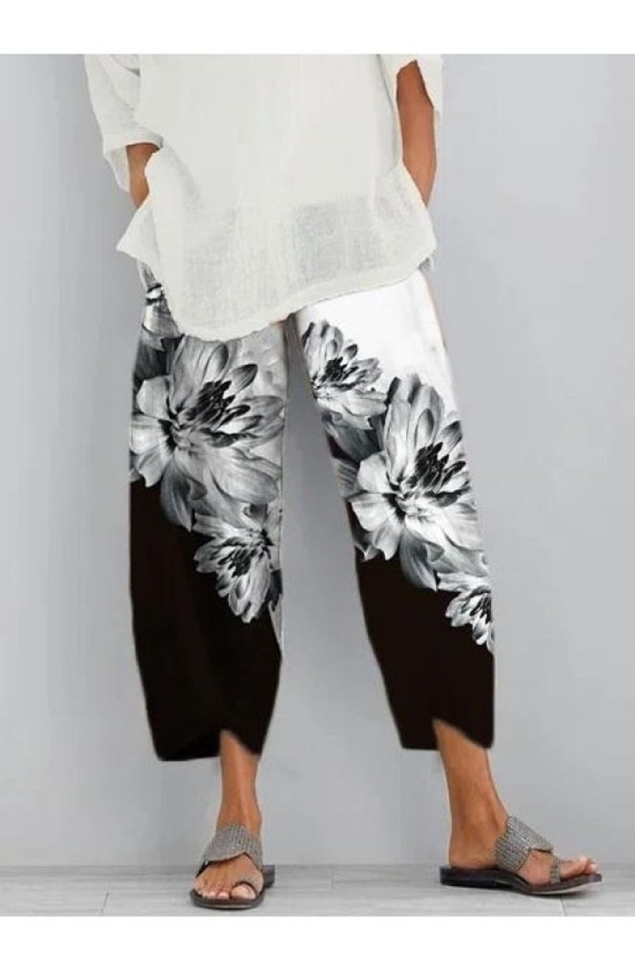 Clothing Azzlee Pants | Casual Floral Printed Pants With Pockets Black