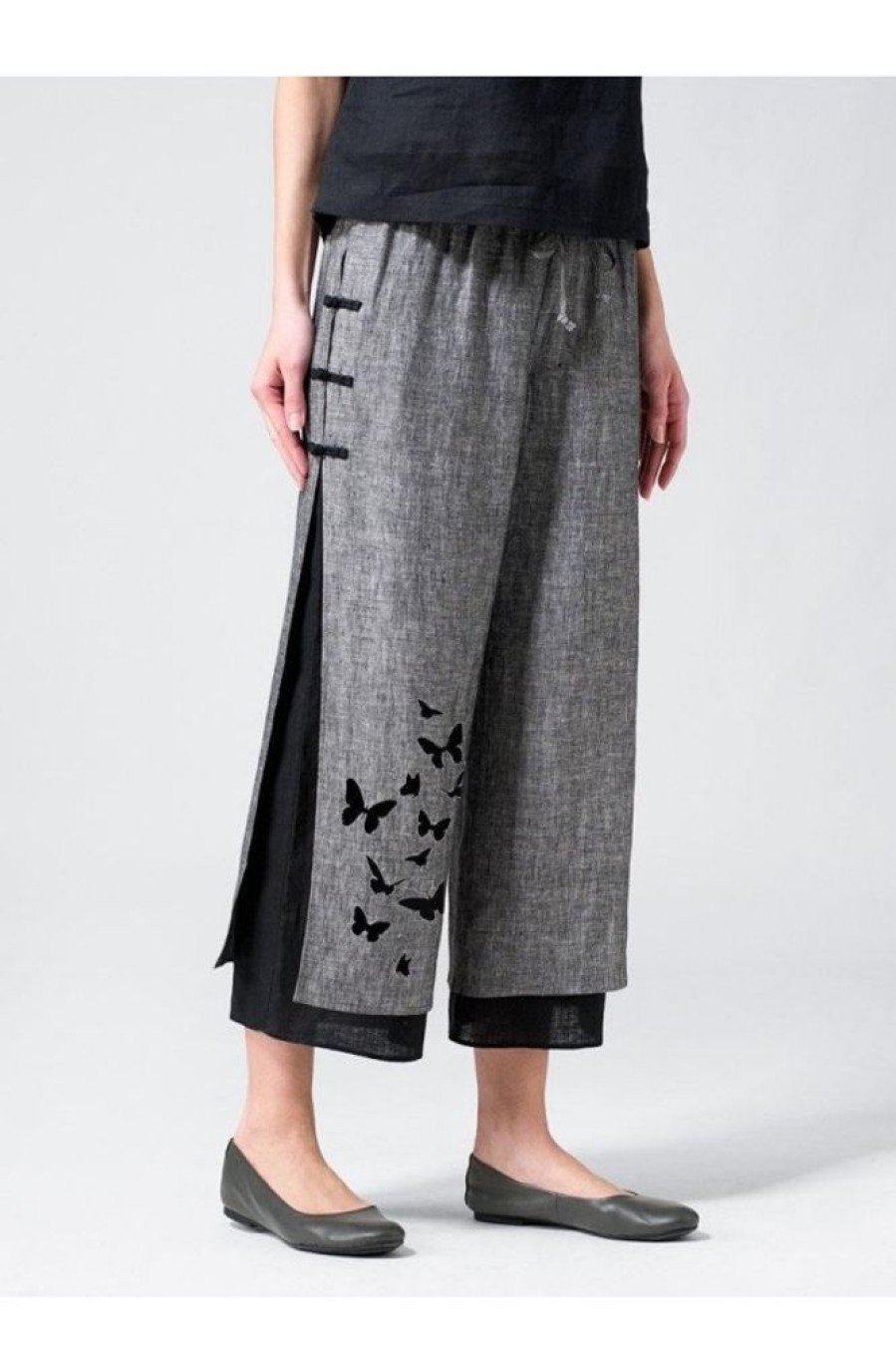 Clothing Azzlee Pants | Butterfly Print Sashes Buttons Casual Pants Black