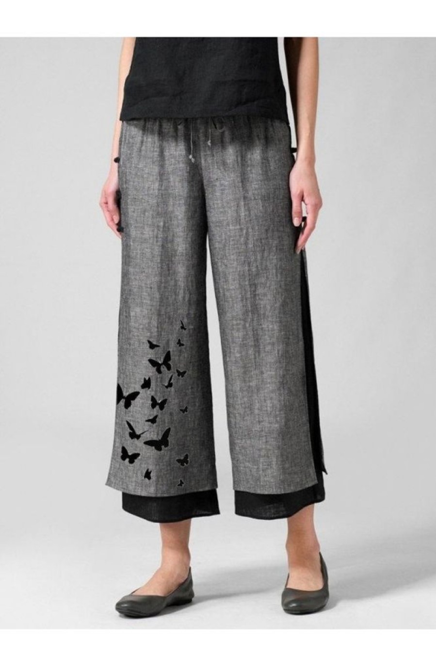 Clothing Azzlee Pants | Butterfly Print Sashes Buttons Casual Pants Black