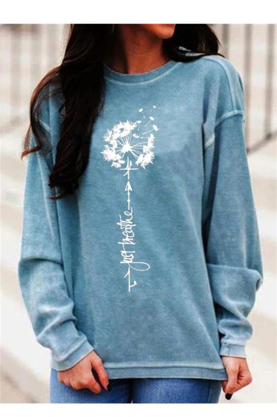 Clothing Azzlee Sweatshirt & Hoodies | Casual Graphic Tops Round Neck Long Sleeve Sweatshirts Blue