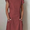 Clothing Azzlee Midi Dresses | Short Sleeve Round Neck Solid Casual Midi Dress With Pockets