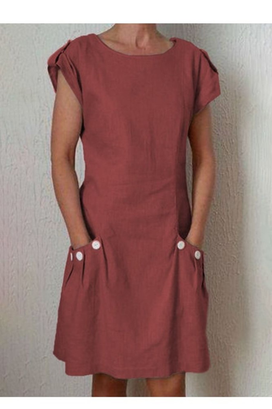 Clothing Azzlee Midi Dresses | Short Sleeve Round Neck Solid Casual Midi Dress With Pockets