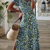 Clothing Azzlee Maxi Dresses | V-Neck Short Sleeve Floral Split Maxi Dress Blue