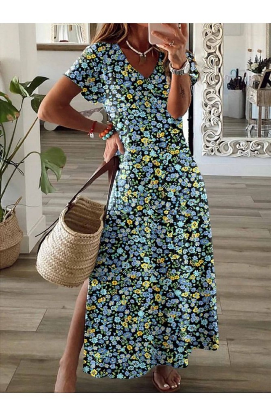 Clothing Azzlee Maxi Dresses | V-Neck Short Sleeve Floral Split Maxi Dress Blue