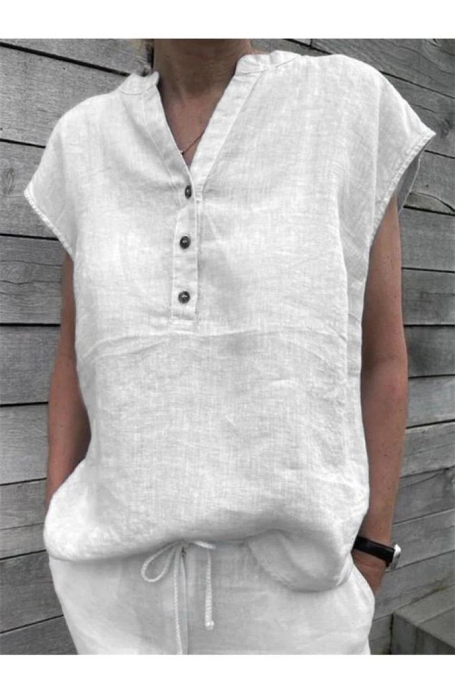 Clothing Azzlee Blouse & Shirts | Casual V Neck Button-Embellished Short Sleeve Blouse White