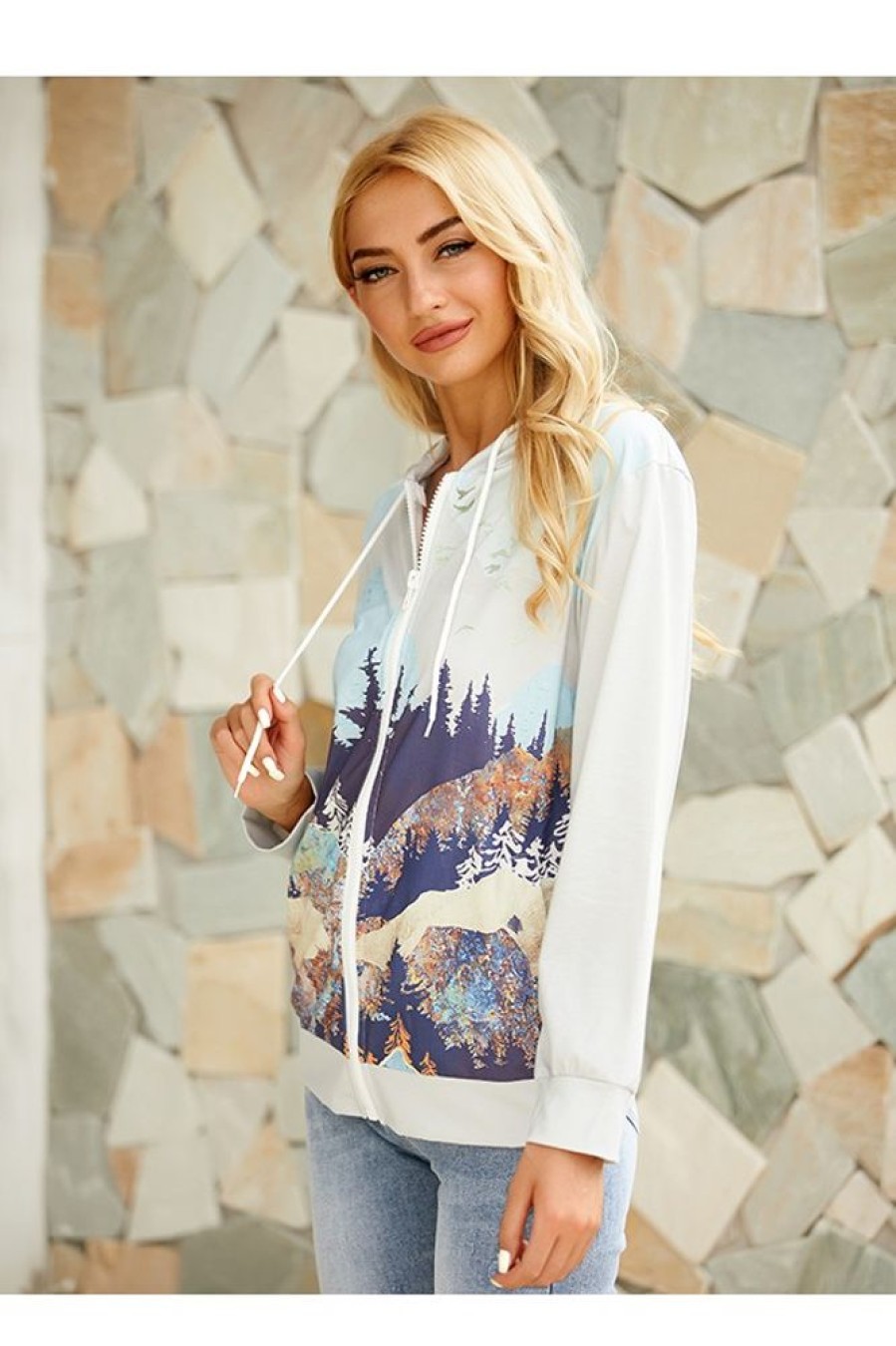 Clothing Azzlee Sweatshirt & Hoodies | Landscape Print Zipper With Pockets Casual Hooded Long Sleeve Sweatshirt Light Grey