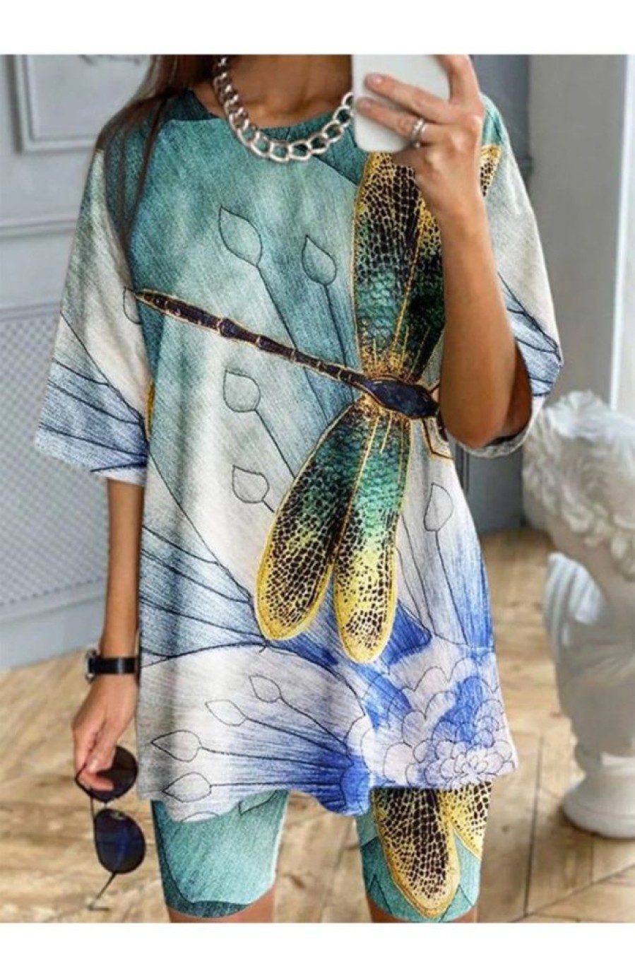 Clothing Azzlee Blouse & Shirts | Casual Graphic Tops Round Neck Dragonfly Printed Short Sleeve Blouse Blue