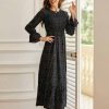 Clothing Azzlee Maxi Dresses | Round Neck Long Sleeve Modest Polka Dot Maxi Dress Black