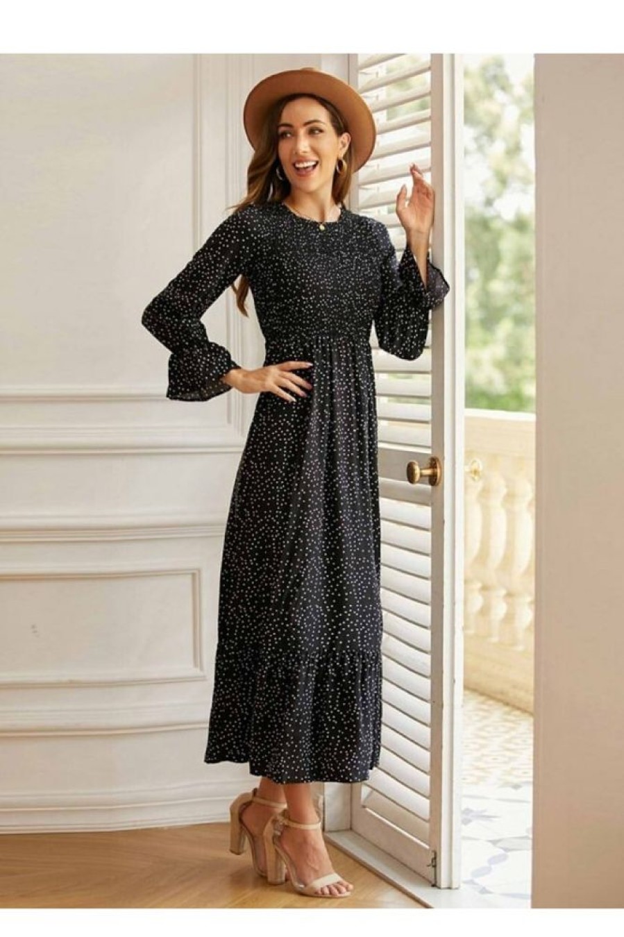 Clothing Azzlee Maxi Dresses | Round Neck Long Sleeve Modest Polka Dot Maxi Dress Black