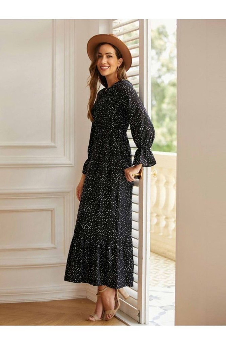 Clothing Azzlee Maxi Dresses | Round Neck Long Sleeve Modest Polka Dot Maxi Dress Black