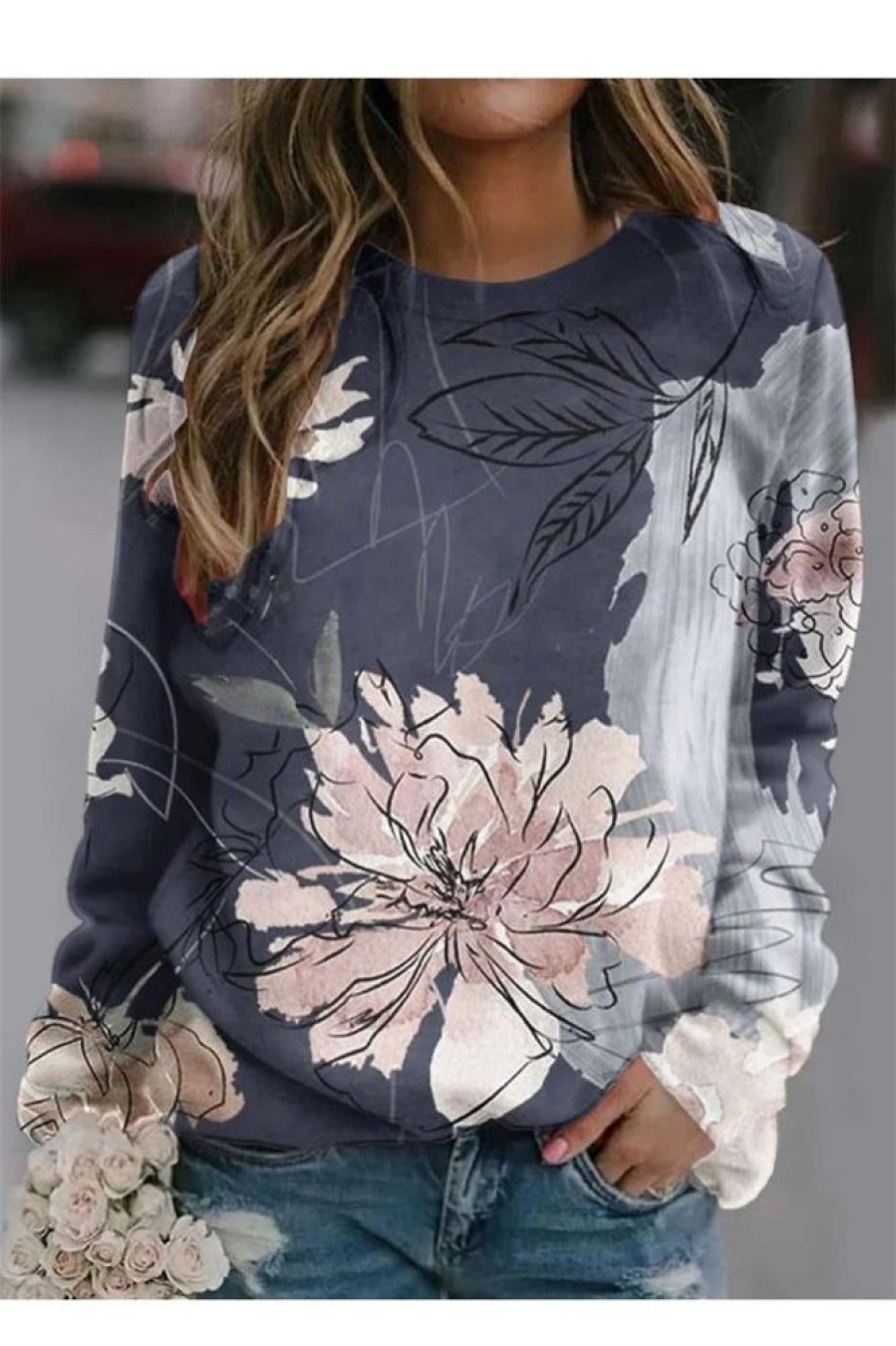 Clothing Azzlee Sweatshirt & Hoodies | Casual Graphic Tops Round Neck Floral Printed Long Sleeve Sweatshirts Multicolor