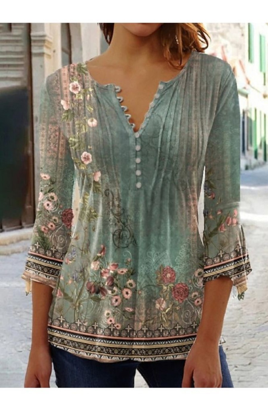 Clothing Azzlee Sweatshirt & Hoodies | Casual V Neck Floral Printed Long Sleeve Blouse Green