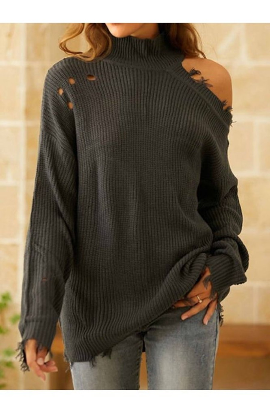 Clothing Azzlee Sweater & Cardigans | Plain Hollow Out Casual High Neck Long Sleeve Sweater Grey