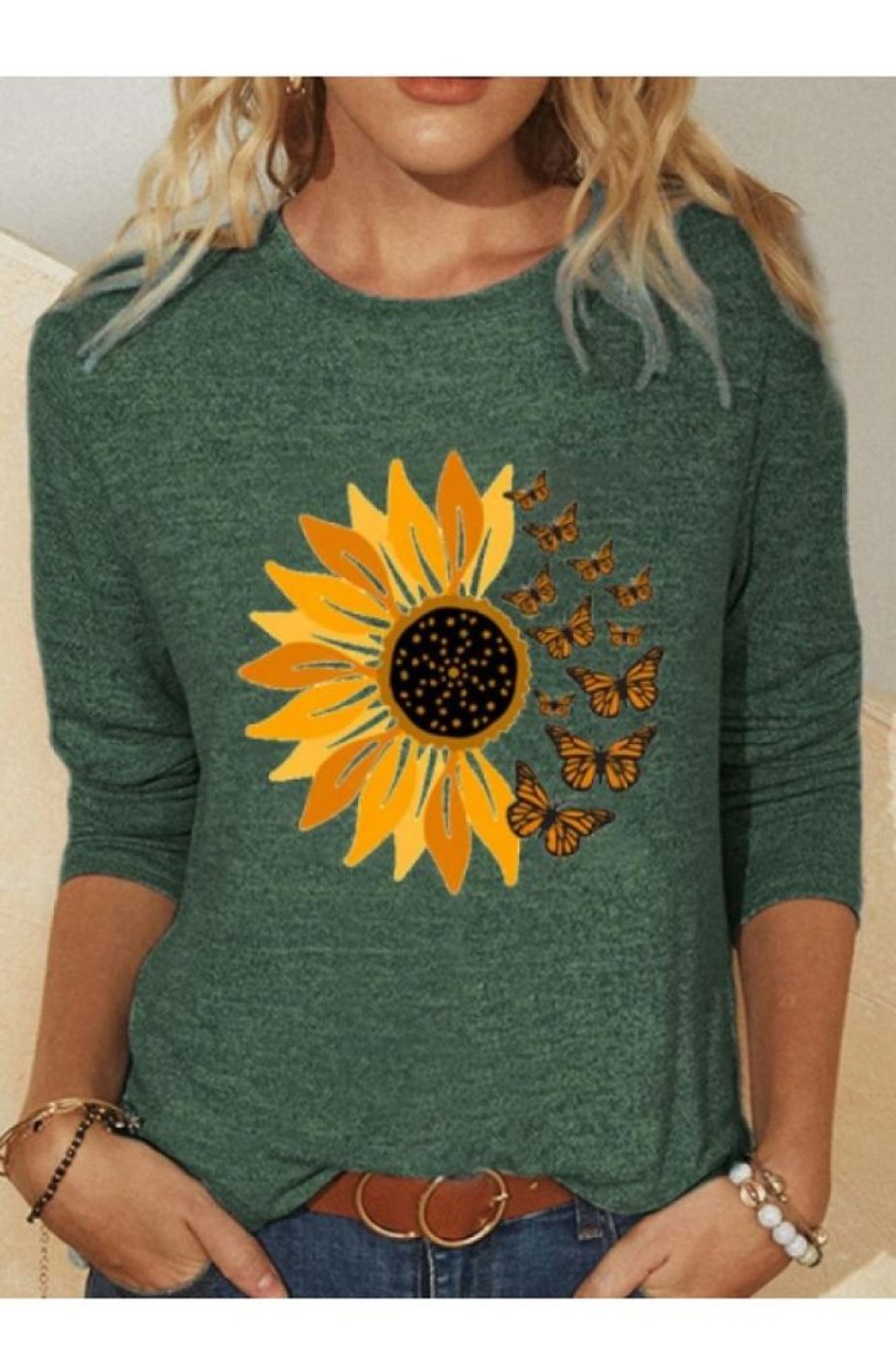 Clothing Azzlee Sweatshirt & Hoodies | Casual Round Neck Floral Printed Long Sleeve Sweatshirts Green