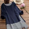 Clothing Azzlee Sweatshirt & Hoodies | Stripe Splicing Buttons Round Neck Long Sleeve Blouse Blue