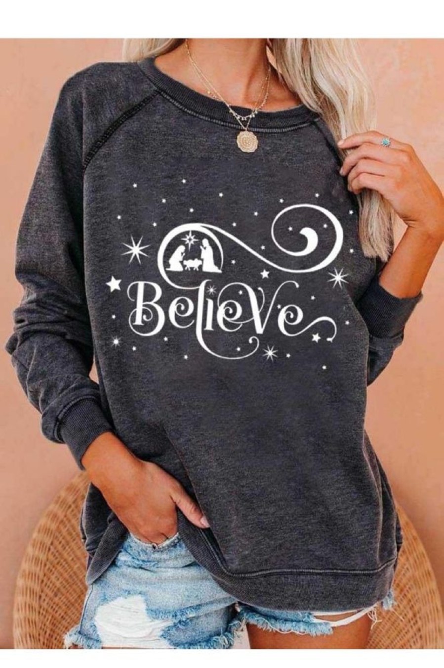 Clothing Azzlee Sweatshirt & Hoodies | Casual Graphic Tops Round Neck Long Sleeve Believe Christmas Printed Sweatshirt Dark Grey