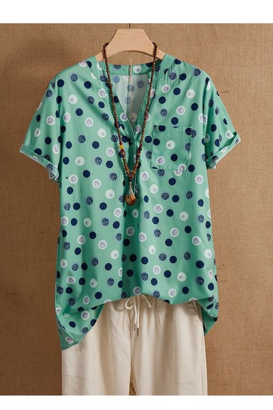 Clothing Azzlee Blouse & Shirts | V-Neck Polka Dot Print Casual Short Sleeve Blouse