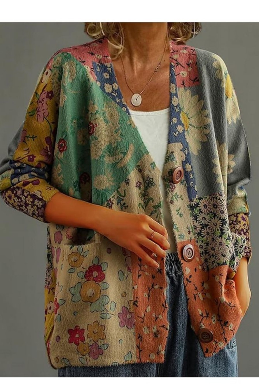 Clothing Azzlee Sweater & Cardigans | V Neck Casual Long Sleeve Floral Print Sweater Cardigan Green