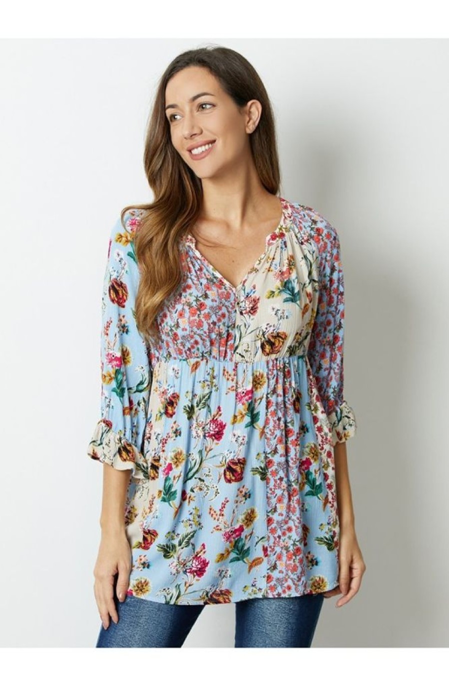 Clothing Azzlee Blouse & Shirts | Sky Blue Floral Print V-Neck 3/4 Sleeve Blouse Sky Blue_Ivory Floral