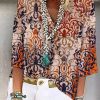 Clothing Azzlee T-Shirts | Casual Graphic Tops V-Neck Long Sleeve Ethnic Printed Blouse Multicolor