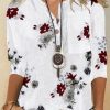 Clothing Azzlee T-Shirts | Flower Print 3/4 Sleeve Stand Collar With Button Women Blouse White