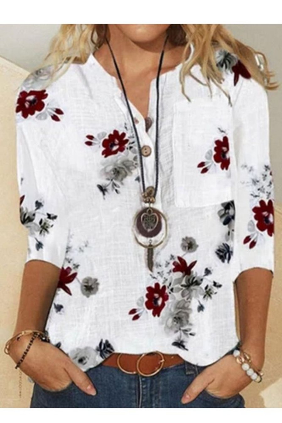 Clothing Azzlee T-Shirts | Flower Print 3/4 Sleeve Stand Collar With Button Women Blouse White