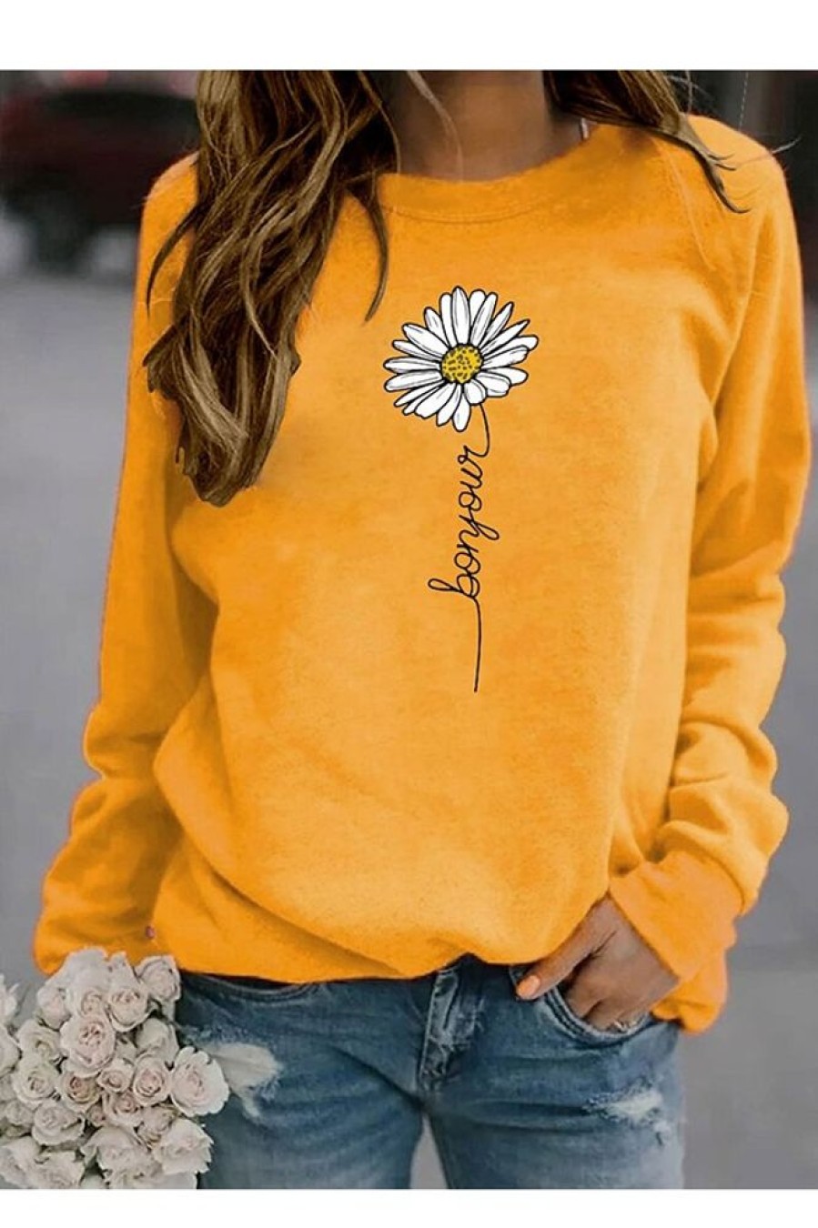 Clothing Azzlee Sweatshirt & Hoodies | Casual Graphic Tops Round Neck Long Sleeve Floral Printed Sweatshirts Yellow