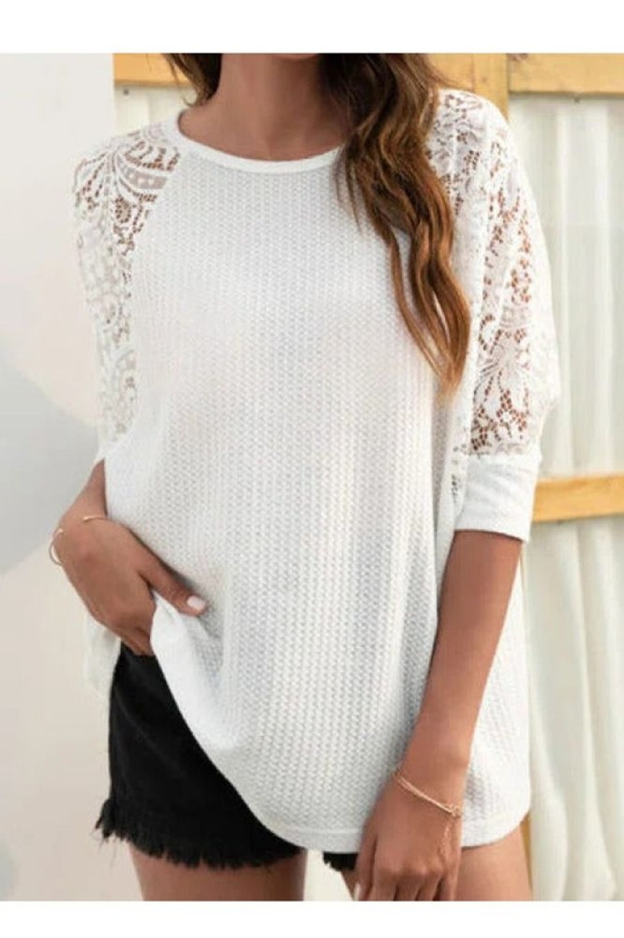 Clothing Azzlee Sweater & Cardigans | Casual Half Sleeve Round Neck Lace Sweater White