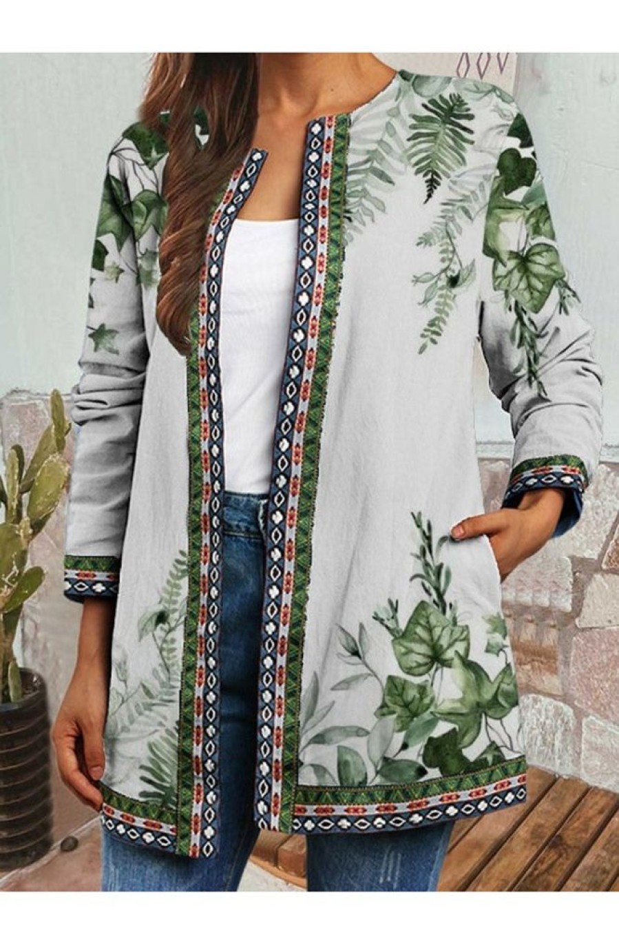 Clothing Azzlee Jackets | Casual Graphic Tops Round Neck Long Sleeve Leaf Printed Jacket Green