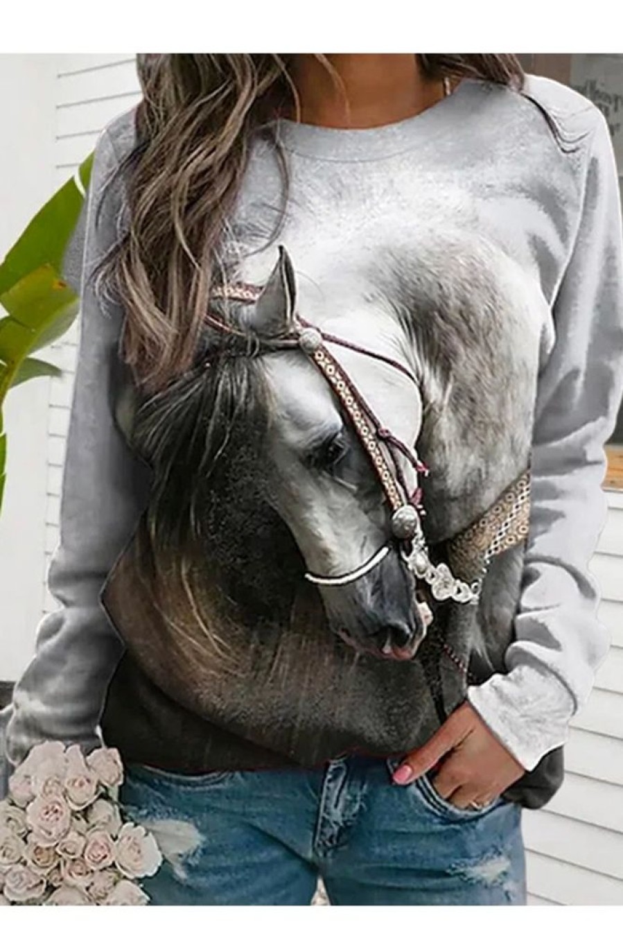 Clothing Azzlee Sweatshirt & Hoodies | Casual Graphic Tops Round Neck Long Sleeve Horse Printed Sweatshirts Multi