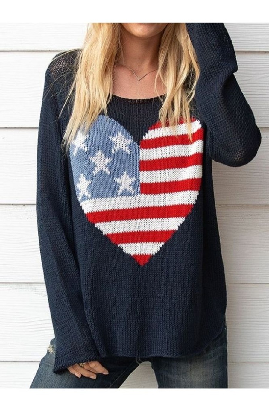 Clothing Azzlee Sweater & Cardigans | Casual Graphic Tops Round Neck Long Sleeve Flag Printed Sweater Darkest Indigo