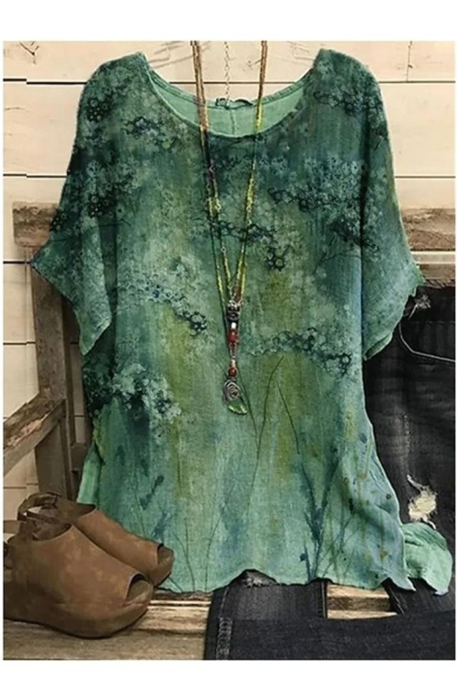 Clothing Azzlee Blouse & Shirts | Casual Round Neck Floral Printed Short Sleeve Blouse Green