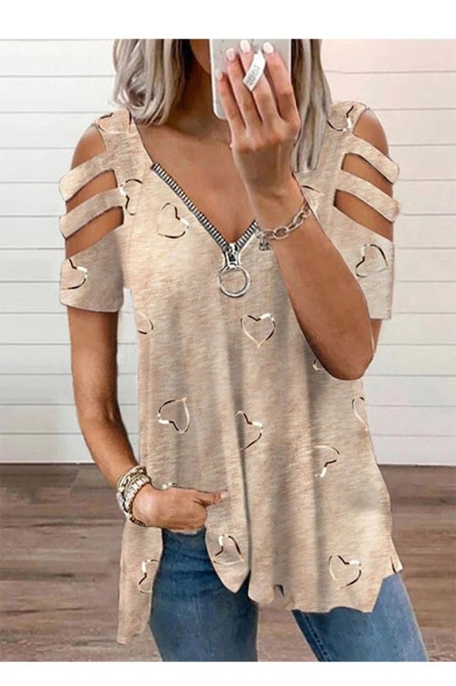 Clothing Azzlee Blouse & Shirts | Casual Graphic Tops V-Neck Short Sleeve Heart Printed Blouse Khaki