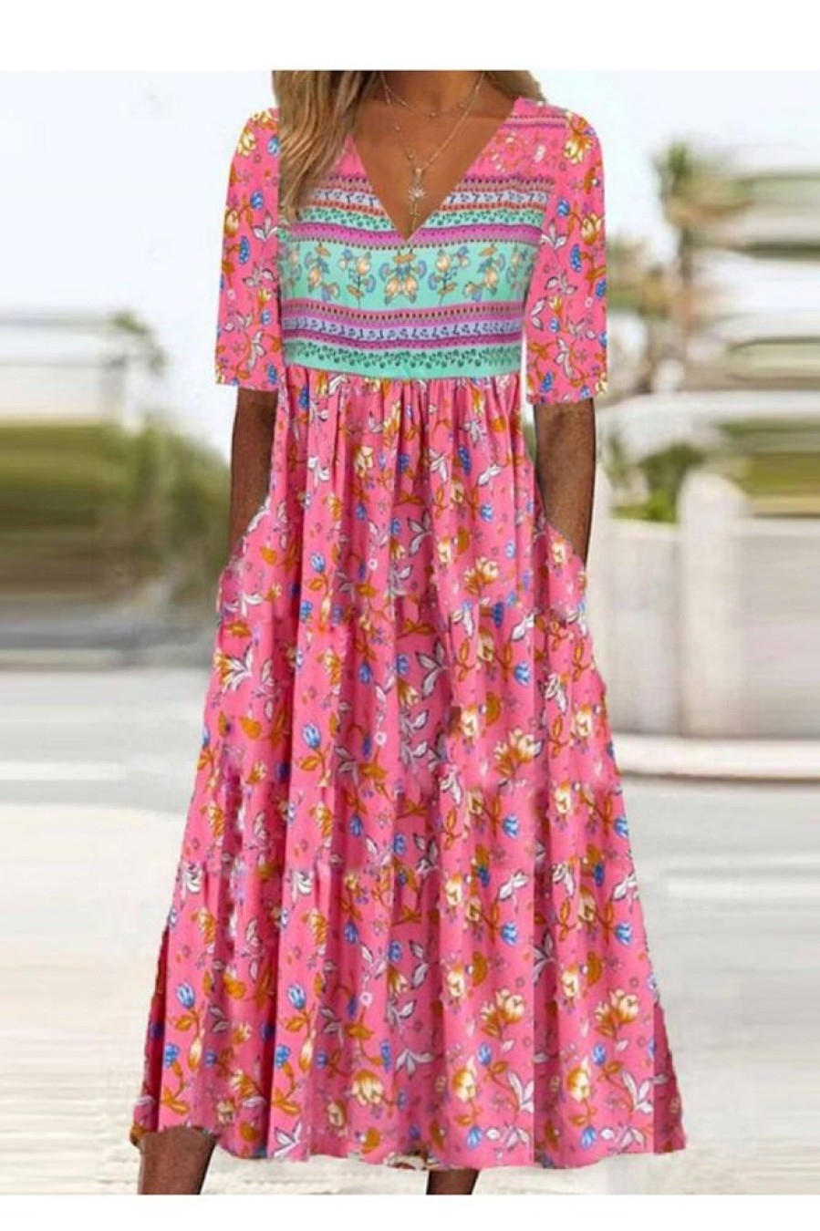 Clothing Azzlee Maxi Dresses | V-Neck Half Sleeve Floral Vacation Loose Maxi Dress Pink