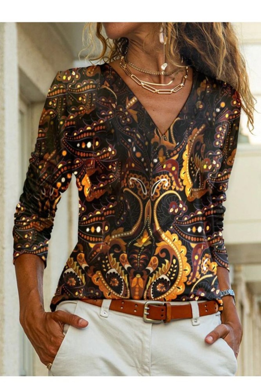 Clothing Azzlee Sweatshirt & Hoodies | Casual V Neck Paisley Vintage Long Sleeve Blouse Black