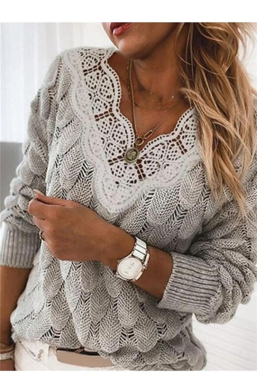 Clothing Azzlee Sweater & Cardigans | Casual V Neck Solid Long Sleeve Sweater Light Gray