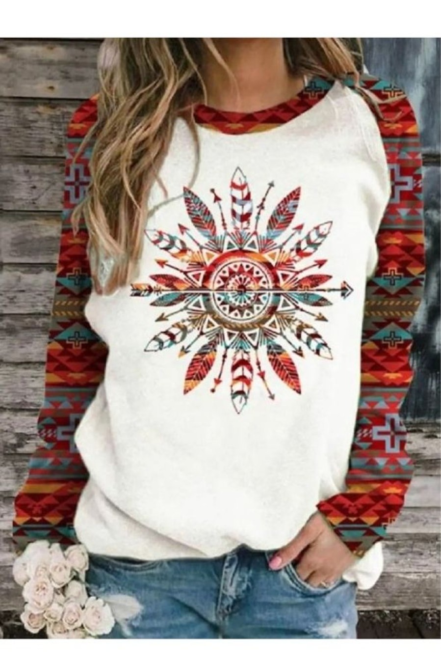 Clothing Azzlee Sweatshirt & Hoodies | Casual Graphic Tops Round Neck Leaves Printed Long Sleeve Sweatshirts White